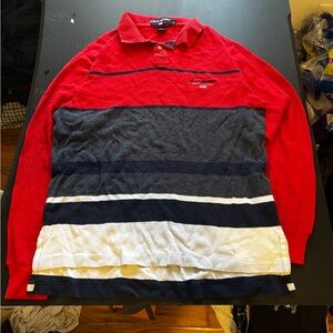 Polo Sport Red and Navy Striped Men's Polo Shirt Size M MEASUREMENTS SHOWN